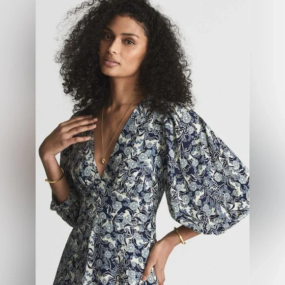 REISS Daisy Puff Sleeve Print Mini Dress in Blue Print Size 6 - Picture 3 of 10